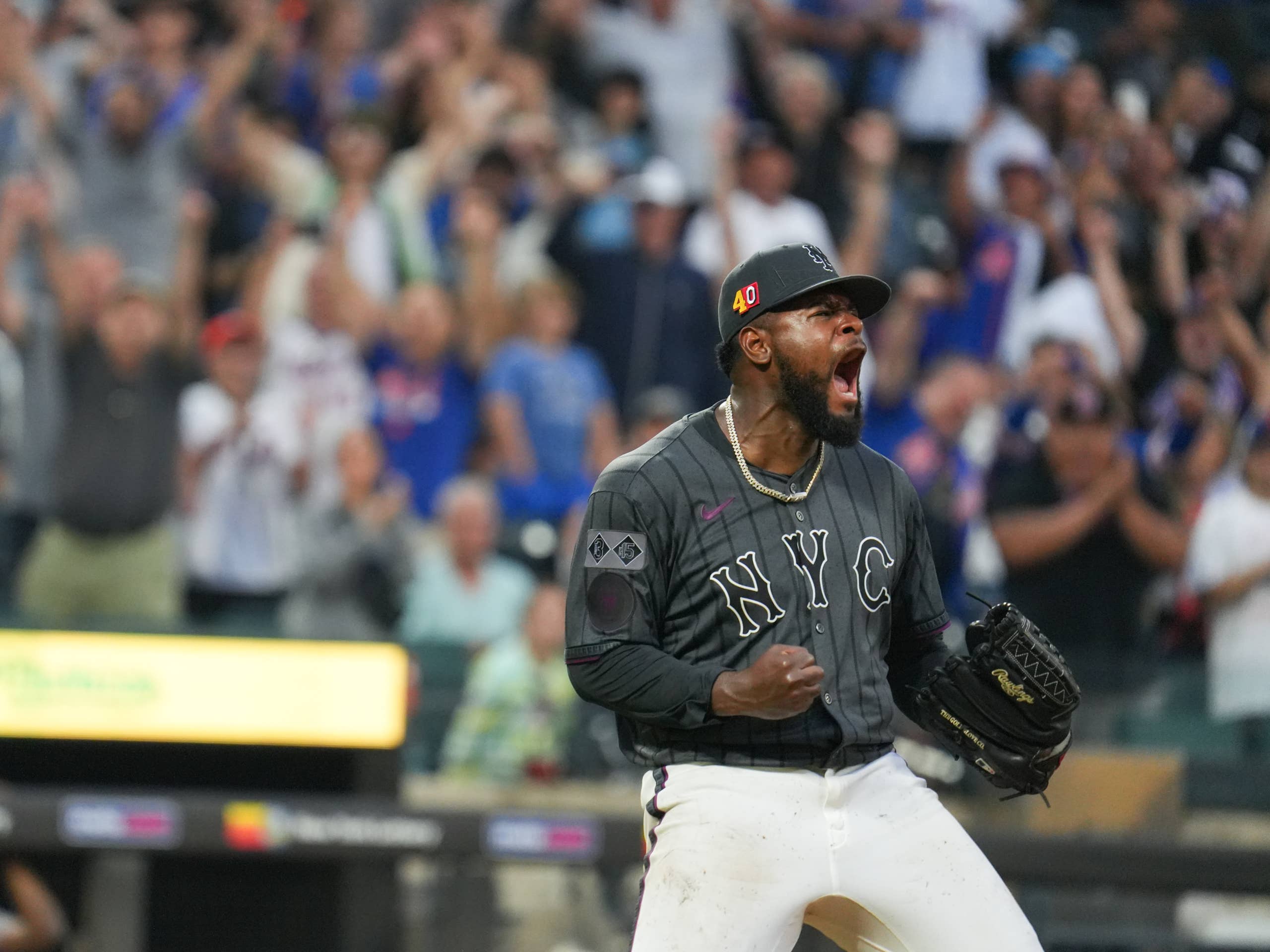Aug 17, 2024; New York City, New York, USA; New York Mets pitcher Luis Severino (40) celebrates after pitching a shutout against the Miami Marlins at Citi Field. Mandatory Credit: Lucas Boland-USA TODAY Sports