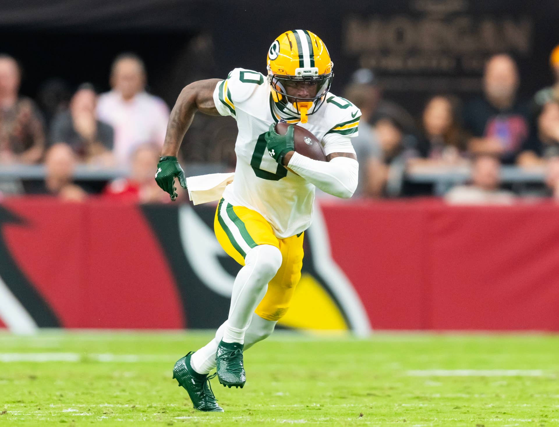 Matthew Golden running with the football for the Green Bay Packers