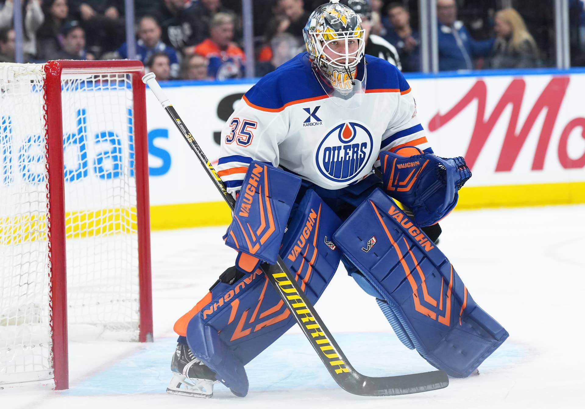Edmonton Oilers goaltender Tristan Jarry (35) follows the play against the Toronto Maple Leafs during the third period at Scotiabank Arena.