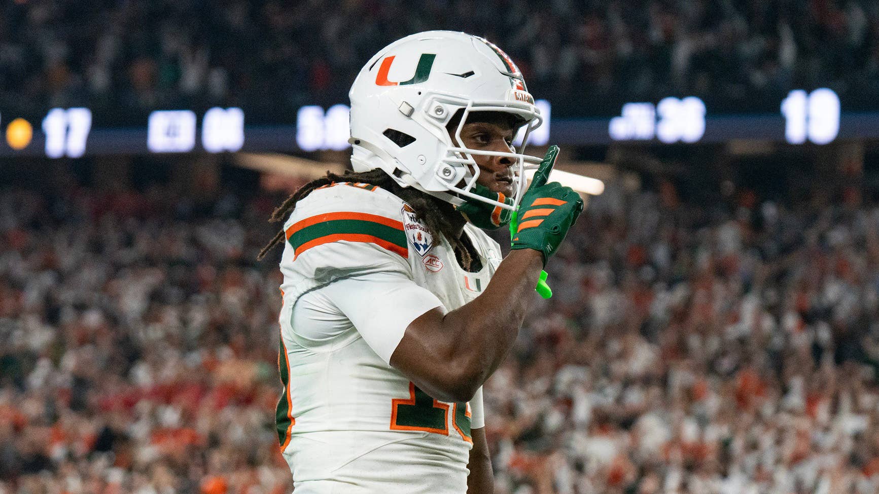 Miami Hurricanes wide receiver Malachi Toney celebrates a touchdown.