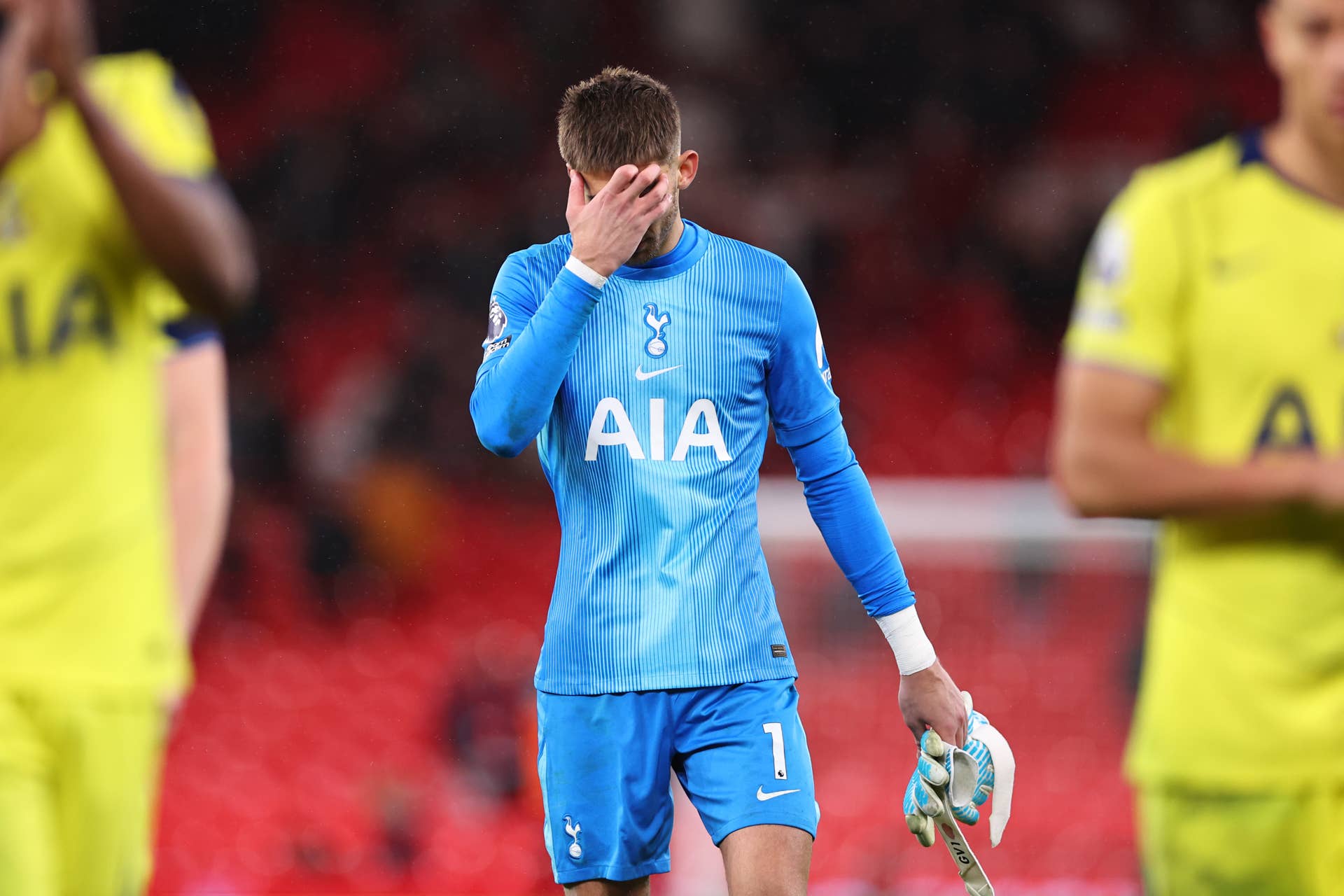 Guglielmo Vicario of Tottenham Hotspur reacts at full time during the Premier League match between Liverpool and Tottenham Hotspur at Anfield on March 15, 2026, in Liverpool, United Kingdom.