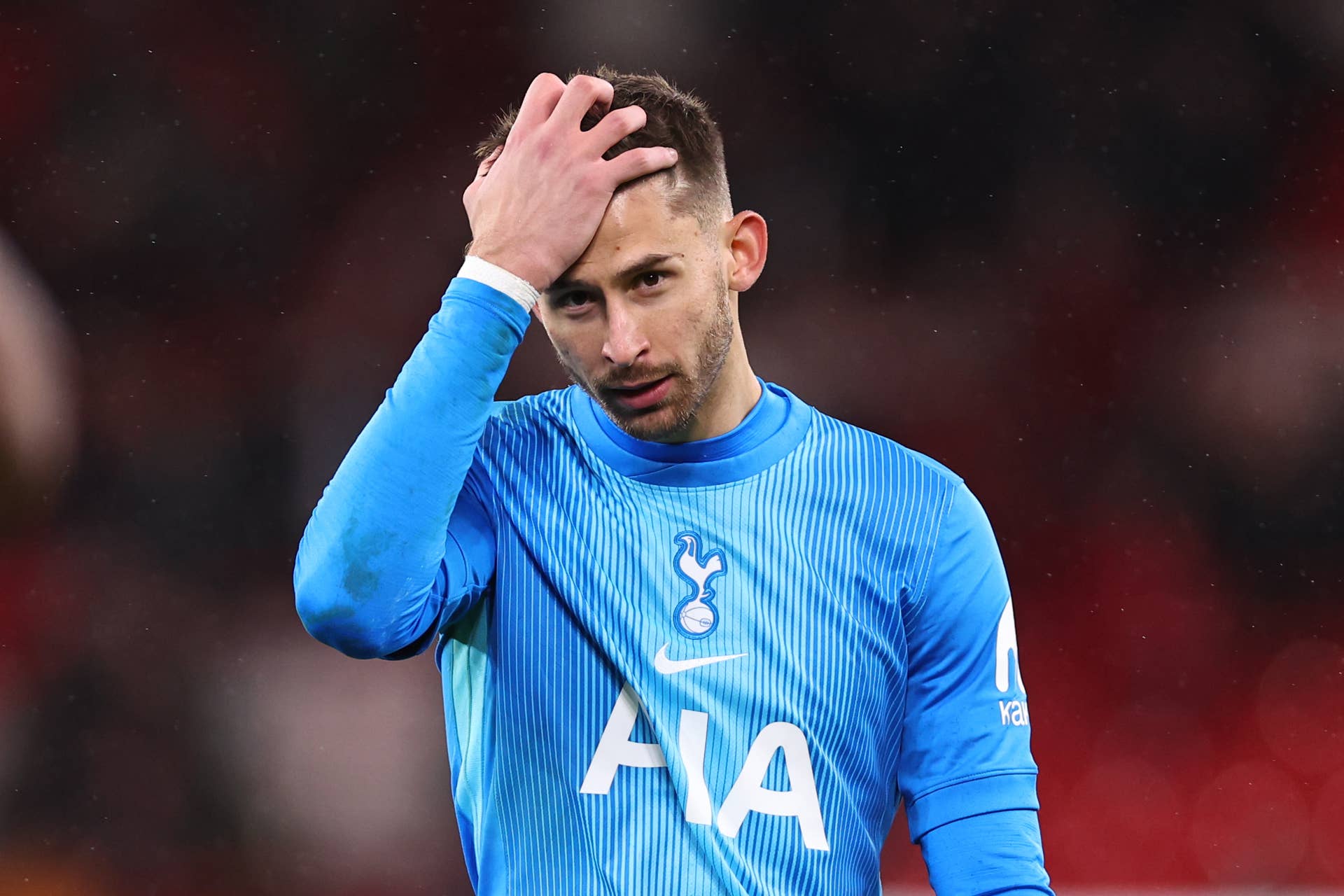 Guglielmo Vicario of Tottenham Hotspur reacts at full time during the Premier League match between Liverpool and Tottenham Hotspur at Anfield on March 15, 2026 in Liverpool, United Kingdom.