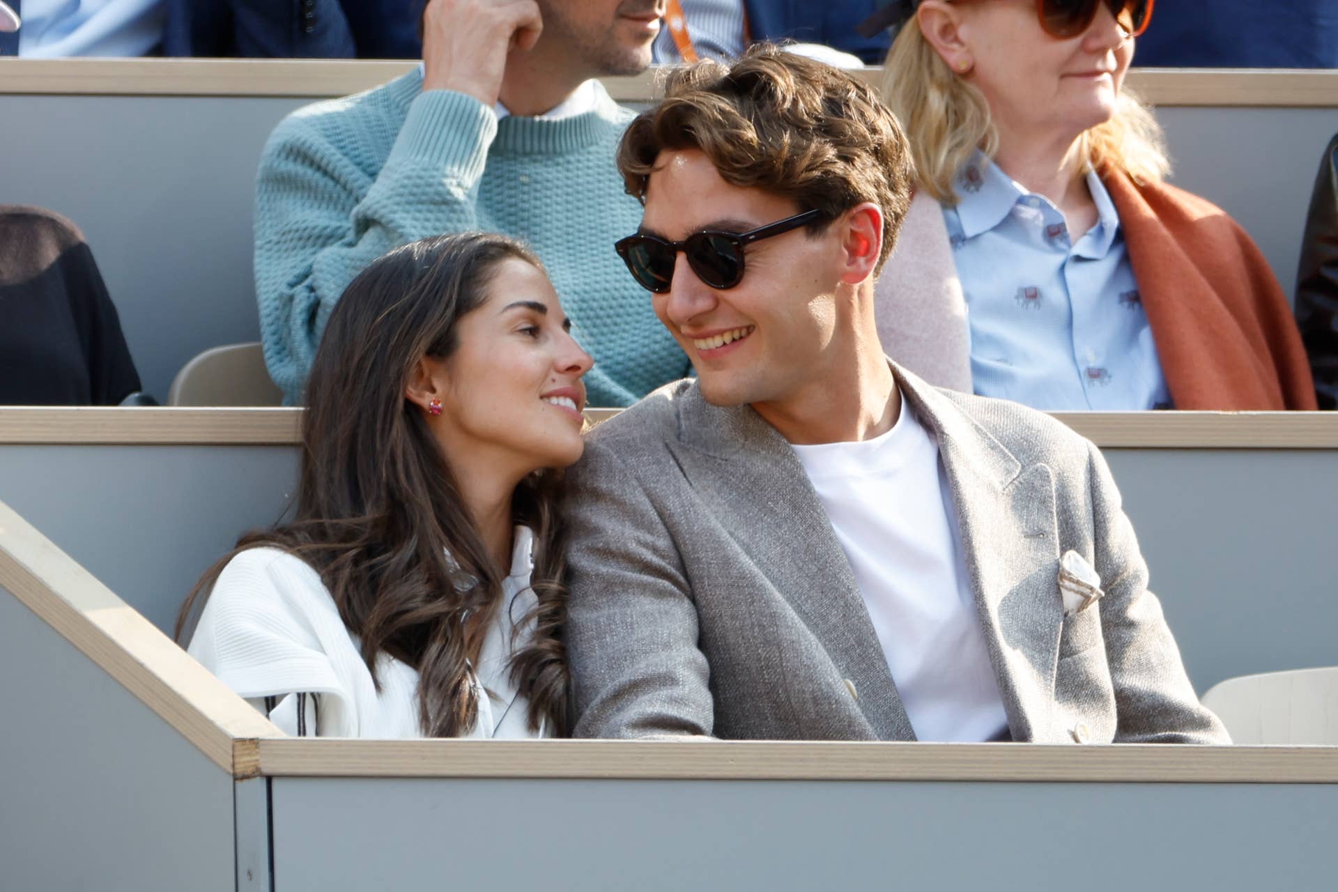 Carmen Mundt and George Russell attend the men's final on day 15 of the 2025 French Open, Roland-Garros 2025, Grand Slam tennis tournament at Roland Garros stadium.
