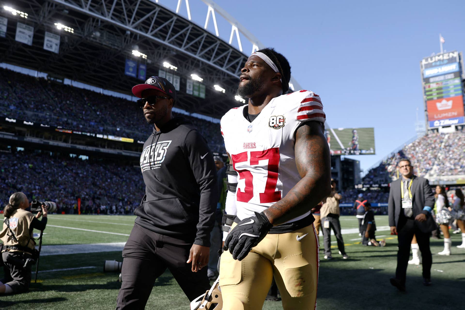 Oct 11, 2026; Seattle, Washington, USA; San Francisco 49ers linebacker Dre Greenlaw (57) leaves the field after a game against the Seattle Seahawks at Lumen Field. Mandatory Credit: Joe Nicholson-Imagn Images 