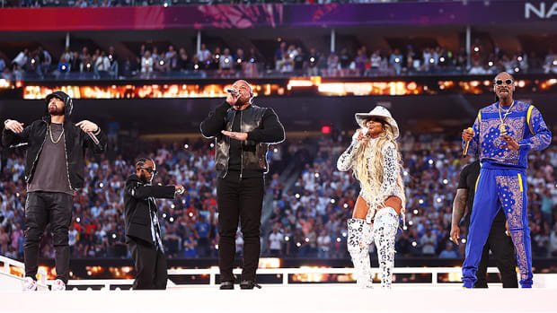 Eminem, Kendrick Lamar, Dr. Dre, Mary J. Blige and Snoop Dogg during Pepsi Halftime Show at Super Bowl LVI on Feb. 13, 2022