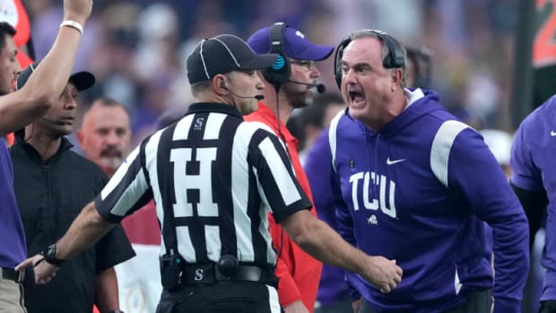 TCU head coach Sonny Dykes yells at an official during the Fiesta Bowl
