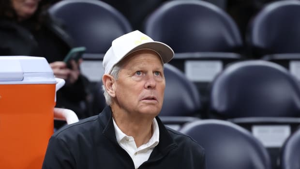 Utah Jazz CEO Danny Ainge looks on before a game against the San Antonio Spurs at Vivint Arena.