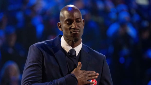 NBA great Kevin Garnett is honored for being selected to the NBA 75th Anniversary Team during halftime in the 2022 NBA All-Star Game at Rocket Mortgage FieldHouse.