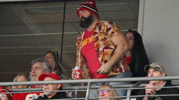 Jason Kelce, brother of Kansas City Chiefs tight end Travis Kelce (not pictured), watches the AFC Championship football game between the Kansas City Chiefs and Baltimore Ravens at M&T Bank Stadium.