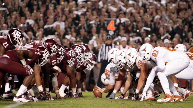 Nov 24, 2011; College Station, TX, USA; General view of the line of scrimmage during a game between the Texas A&M Aggies and Texas Longhorns in the third quarter at Kyle Field. Mandatory Credit: Brett Davis-USA TODAY Sports