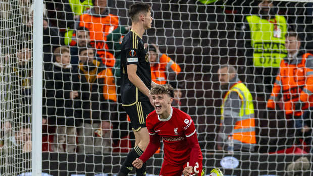 Bobby Clark pictured celebrating after scoring the first goal of his Liverpool career in a 6-1 win over Sparta Prague in the UEFA Europa League in March 2024