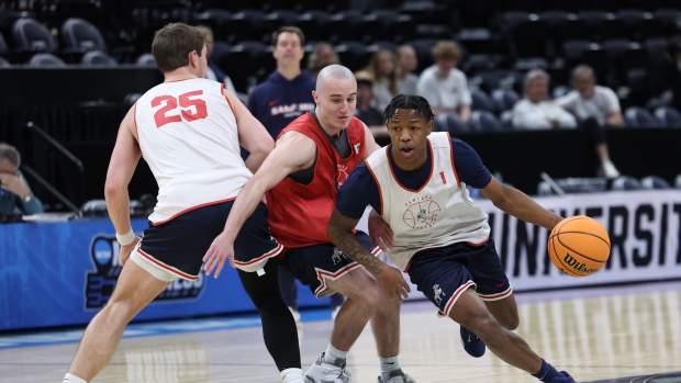Mar 20, 2024; Salt Lake City, UT, USA; Samford Bulldogs guard Josh Holloway (1) during the NCAA first round practice session at Delta Center.