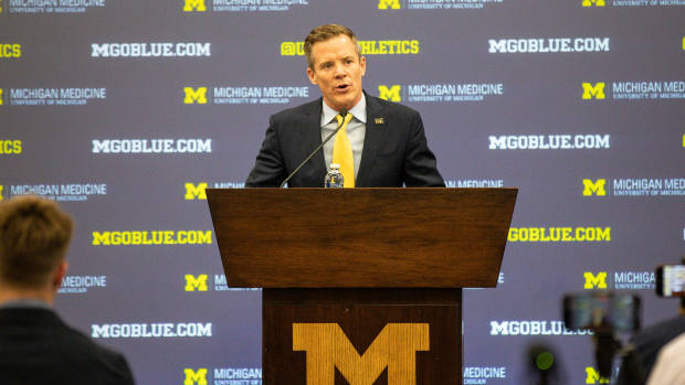 U-M's new men's basketball head coach Dusty May speaks during introductory press conference at Junge Family Champions Center in Ann Arbor on Tuesday, March 26, 2024.  