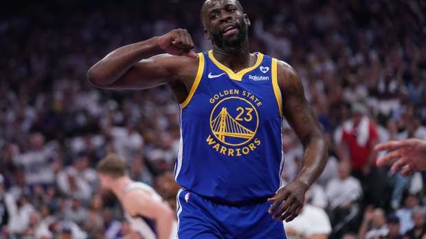 Apr 16, 2024; Sacramento, California, USA; Golden State Warriors forward Draymond Green (23) reacts after a play against the Sacramento Kings in the first quarter during a play-in game of the 2024 NBA playoffs at the Golden 1 Center