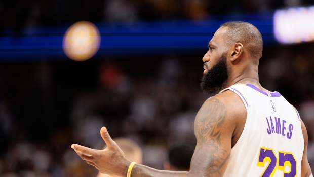 Apr 20, 2024; Denver, Colorado, USA; Los Angeles Lakers forward LeBron James (23) reacts during the first quarter against the Denver Nuggets in game one of the first round for the 2024 NBA playoffs at Ball Arena.