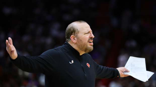 Apr 2, 2024; Miami, Florida, USA; New York Knicks head coach Tom Thibodeau reacts from the sideline against the Miami Heat during the third quarter at Kaseya Center.