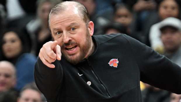 Mar 27, 2024; Toronto, Ontario, CAN; New York Knicks head coach Tom Thibodeau gestures as he directs his players against the Toronto Raptors in the first half at Scotiabank Arena.