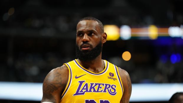 Apr 22, 2024; Denver, Colorado, USA; Los Angeles Lakers forward LeBron James (23) in the first quarter against the Denver Nuggets during game two of the first half during the 2024 NBA playoffs at Ball Arena.