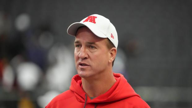 AFC coach Peyton Manning reacts during Pro Bowl Games practice at Allegiant Stadium.