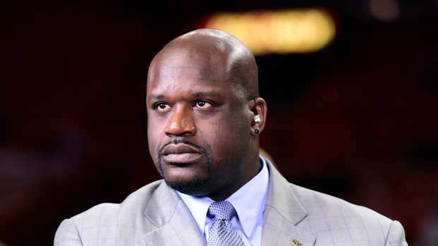 Jun 12, 2014; Miami, FL, USA; NBA former player Shaquille O'Neal prior to game four of the 2014 NBA Finals between the Miami Heat and the San Antonio Spurs at American Airlines Arena.