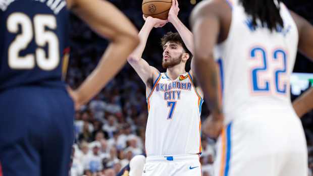 Apr 21, 2024; Oklahoma City, Oklahoma, USA; Oklahoma City Thunder forward Chet Holmgren (7) shoots a free throw basket against the New Orleans Pelicans during the fourth quarter of game one of the first round for the 2024 NBA playoffs at Paycom Center.