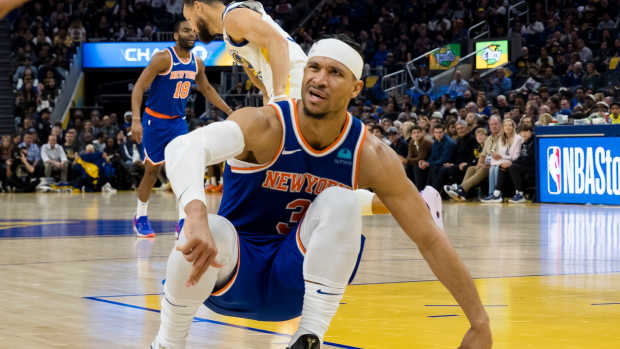 Mar 18, 2024; San Francisco, California, USA; New York Knicks forward Josh Hart (3) reacts during the first half of the game against the Golden State Warriors at Chase Center.