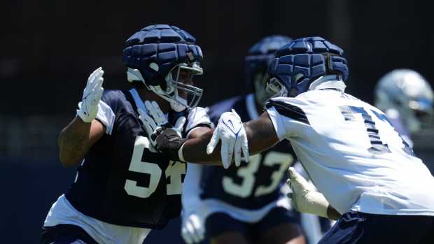 Jul 27, 2023; Oxnard, CA, USA; Dallas Cowboys defensive end Sam Williams (54) and tackle Tyron Smith (77) wear Guardian helmet caps during training camp at Marriott Residence Inn-River Ridge Playing Fields.