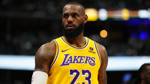 Los Angeles Lakers forward LeBron James (23) in the first quarter against the Denver Nuggets during game two of the first half during the 2024 NBA playoffs at Ball Arena. 