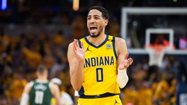 Apr 26, 2024; Indianapolis, Indiana, USA; Indiana Pacers guard Tyrese Haliburton (0) during game three of the first round for the 2024 NBA playoffs against the Milwaukee Bucks at Gainbridge Fieldhouse.