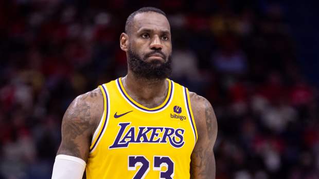 Apr 16, 2024; New Orleans, Louisiana, USA; Los Angeles Lakers forward LeBron James (23) looks on against the New Orleans Pelicans during the second half of a play-in game of the 2024 NBA playoffs at Smoothie King Center.