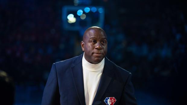 February 20, 2022; Cleveland, Ohio, USA; NBA great Magic Johnson before the 2022 NBA All-Star Game at Rocket Mortgage FieldHouse.