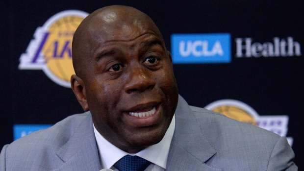 Los Angeles Lakers president of basketball operations Magic Johnson speaks to media before introducing newly drafted player Lonzo Ball at Toyota Sports Center. 