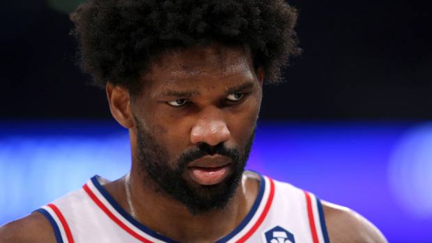 Apr 30, 2024; New York, New York, USA; Philadelphia 76ers center Joel Embiid (21) during the first quarter of game 5 of the first round of the 2024 NBA playoffs against the New York Knicks at Madison Square Garden.