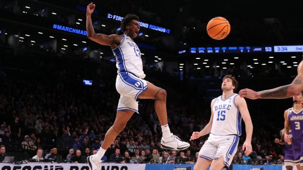 Mar 24, 2024; Brooklyn, NY, USA; Duke Blue Devils forward Sean Stewart (13) dunks the ball against the James Madison Dukes in the second round of the 2024 NCAA Tournament at Barclays Center.