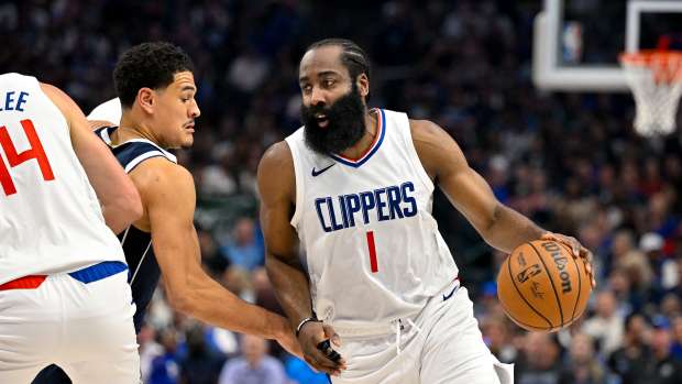 Apr 26, 2024; Dallas, Texas, USA; LA Clippers guard James Harden (1) looks to move the ball past Dallas Mavericks guard Josh Green (8) during the second quarter during game three of the first round for the 2024 NBA playoffs at the American Airlines Center. Mandatory Credit: Jerome Miron-USA TODAY Sports