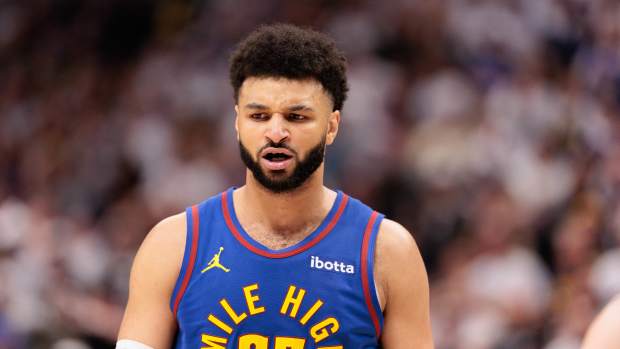 Apr 20, 2024; Denver, Colorado, USA; Denver Nuggets guard Jamal Murray (27) reacts during the fourth quarter against the Los Angeles Lakers in game one of the first round for the 2024 NBA playoffs at Ball Arena.