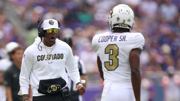 Sep 2, 2023; Fort Worth, Texas, USA; Colorado Buffaloes head coach Deion Sanders reacts after a play by cornerback Omarion Cooper (3) in the second quarter against the TCU Horned Frogs at Amon G. Carter Stadium. Mandatory Credit: Tim Heitman-USA TODAY Sports
