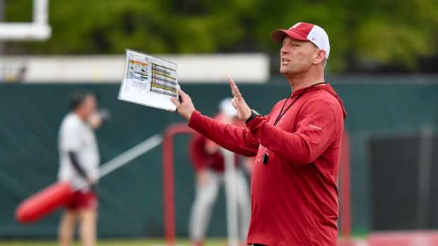 Alabama head coach Kalen DeBoer gives directions during practice at the University Alabama Thursday.