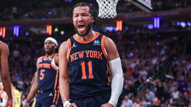 May 8, 2024; New York, New York, USA; New York Knicks guard Jalen Brunson (11) celebrates in the fourth quarter after scoring against the Indiana Pacers during game two of the second round for the 2024 NBA playoffs at Madison Square Garden.