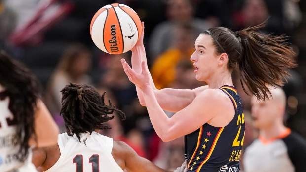 Indiana Fever guard Caitlin Clark (22) passes the ball Thursday, May 9, 2024, during the preseason game against the Atlanta Dream at Gainbridge Fieldhouse in Indianapolis. The Indiana Fever defeated the Atlanta Dream, 83-80.