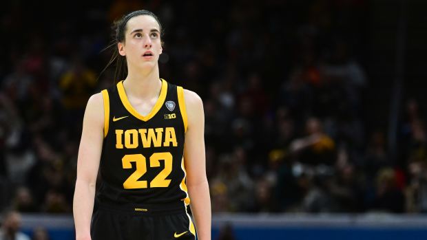 Apr 7, 2024; Cleveland, OH, USA; Iowa Hawkeyes guard Caitlin Clark (22) against the South Carolina Gamecocks in the finals of the Final Four of the womens 2024 NCAA Tournament at Rocket Mortgage FieldHouse.
