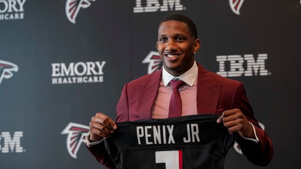 Apr 26, 2024; Flowery Branch, GA, USA; Atlanta Falcons first round draft pick quarterback Michael Penix Jr talks to the media at a press conference introducing him at the Falcons training complex. Mandatory Credit: Dale Zanine-USA TODAY Sports