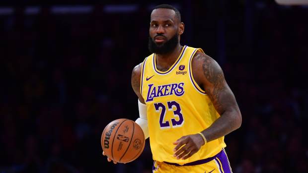 Mar 4, 2024; Los Angeles, California, USA; Los Angeles Lakers forward LeBron James (23) moves the ball up court against the Oklahoma City Thunder during the first half at Crypto.com Arena.