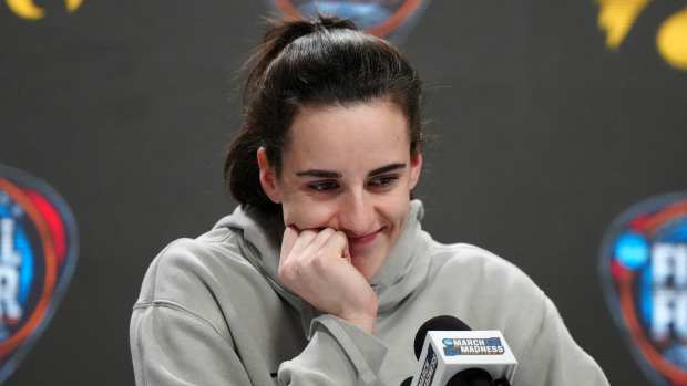 Apr 6, 2024; Cleveland, OH, USA; Iowa Hawkeyes guard Caitlin Clark speaks at a press conference at Rocket Mortgage FieldHouse.