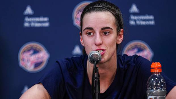 May 14, 2024; Uncasville, Connecticut, USA; Indiana Fever guard Caitlin Clark (22) talks to the media before the start of the game against the Connecticut Sun at Mohegan Sun Arena.