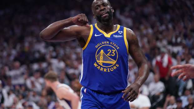 Golden State Warriors forward Draymond Green (23) reacts after a play against the Sacramento Kings in the first quarter during a play-in game of the 2024 NBA playoffs.
