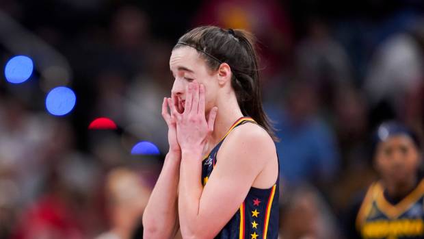 Indiana Fever guard Caitlin Clark (22) shows frustration, Thursday, May 16, 2024, during the Indiana Fever home opener game against the New York Liberty at Gainbridge Fieldhouse in Indianapolis.  