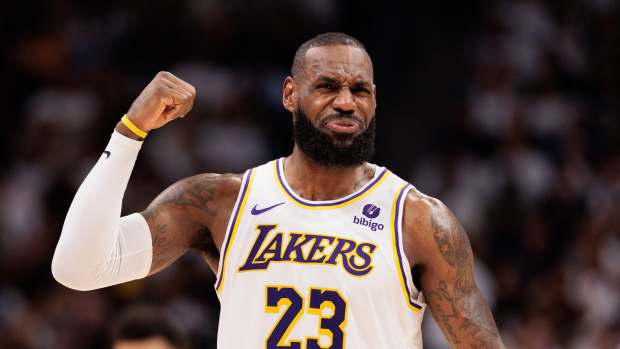Apr 20, 2024; Denver, Colorado, USA; Los Angeles Lakers forward LeBron James (23) reacts during the third quarter against the Denver Nuggets in game one of the first round for the 2024 NBA playoffs at Ball Arena. Mandatory Credit: Andrew Wevers-USA TODAY Sports  