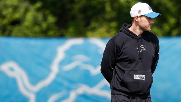 Detroit Lions offensive coordinator Ben Johnson watches practice during rookie minicamp at Detroit Lions headquarters and practice facility in Allen Park on Friday, May 10, 2024.  