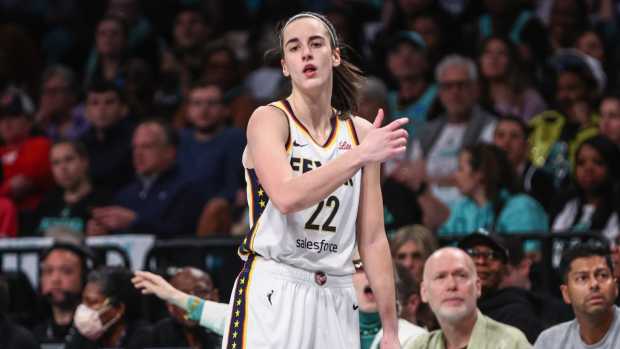 Indiana Fever guard Caitlin Clark (22) checks back into the game in the second quarter against the New York Liberty at Barclays Center.